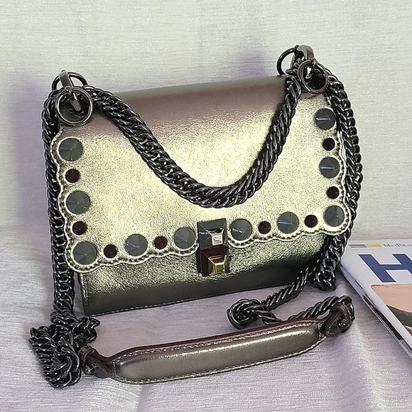 Fendi Bags Auth Fendi Metallic Leather Small Scalloped Studded